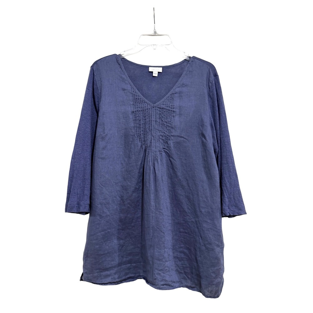J.Jill Love Linen Blue Pintuck V-Neck Tunic Top Womens Large 3/4 Sleeve RN97641